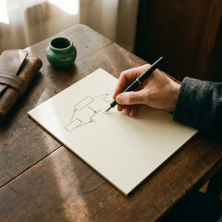 A hand sketches a diagram on a blank sheet, on an oak table.