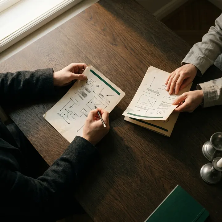 Two people review annotated documents on a table, by the light of a window.