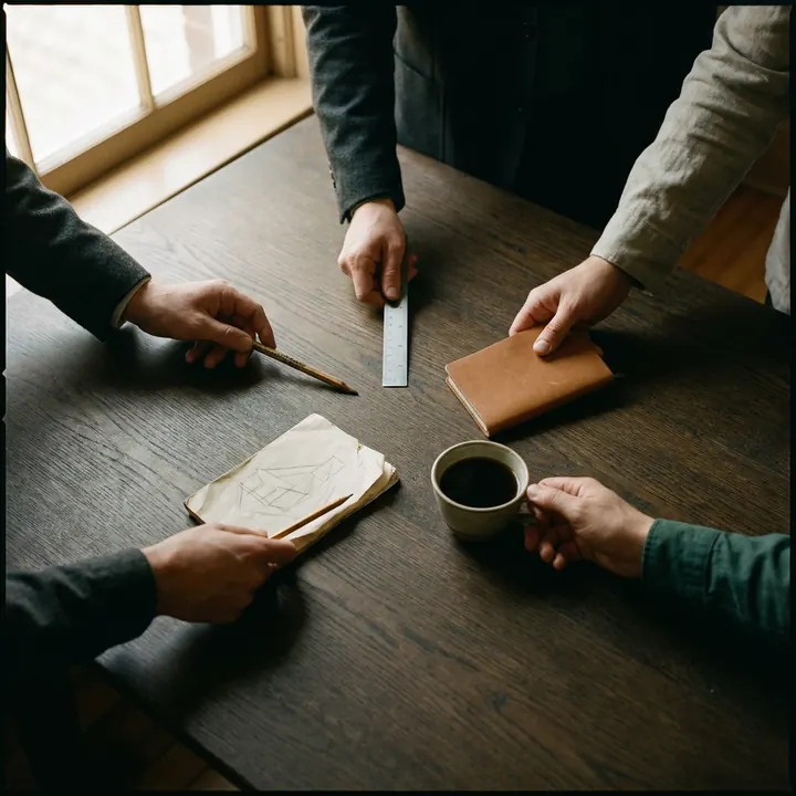 Four hands around a table with a ruler, a notebook and a cup of coffee.