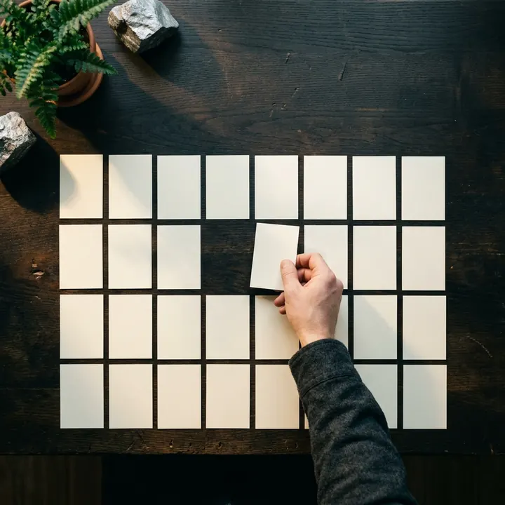 A hand places a card in a grid of white cards on the table.