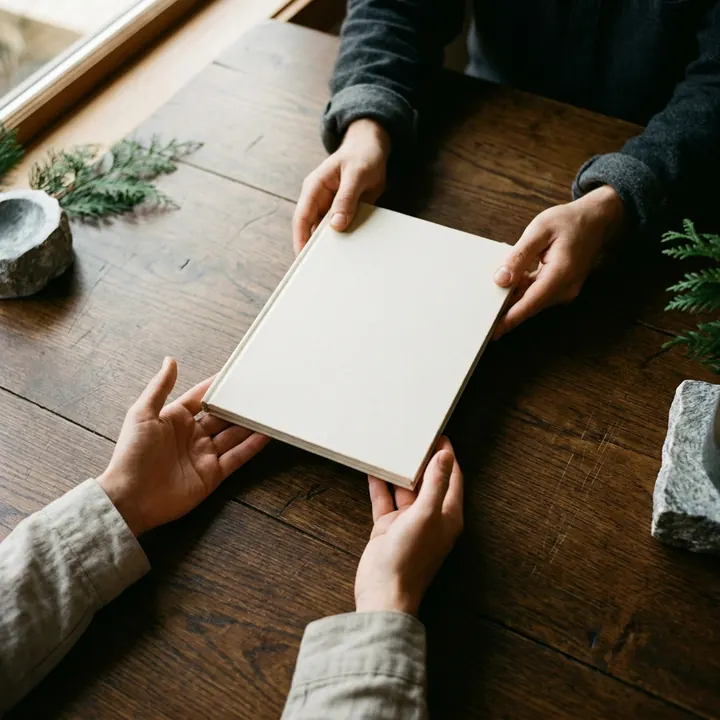 One person hands a folder to another across an oak table.
