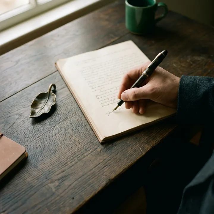 A hand writes with a fountain pen in an open notebook.