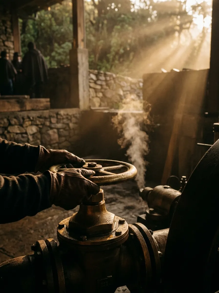 Hands opening a bronze valve in a production plant, amid steam and side light.