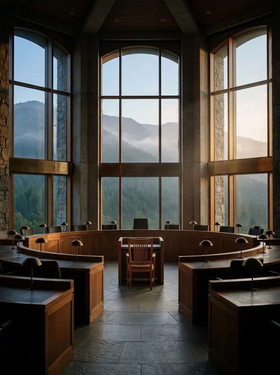 An empty assembly hall, with wooden seats in a semicircle facing a window over the mountains.