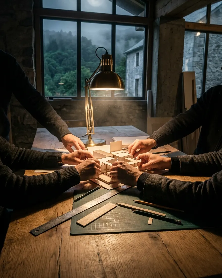 Four people assemble a model on a worktable, next to a misty window.